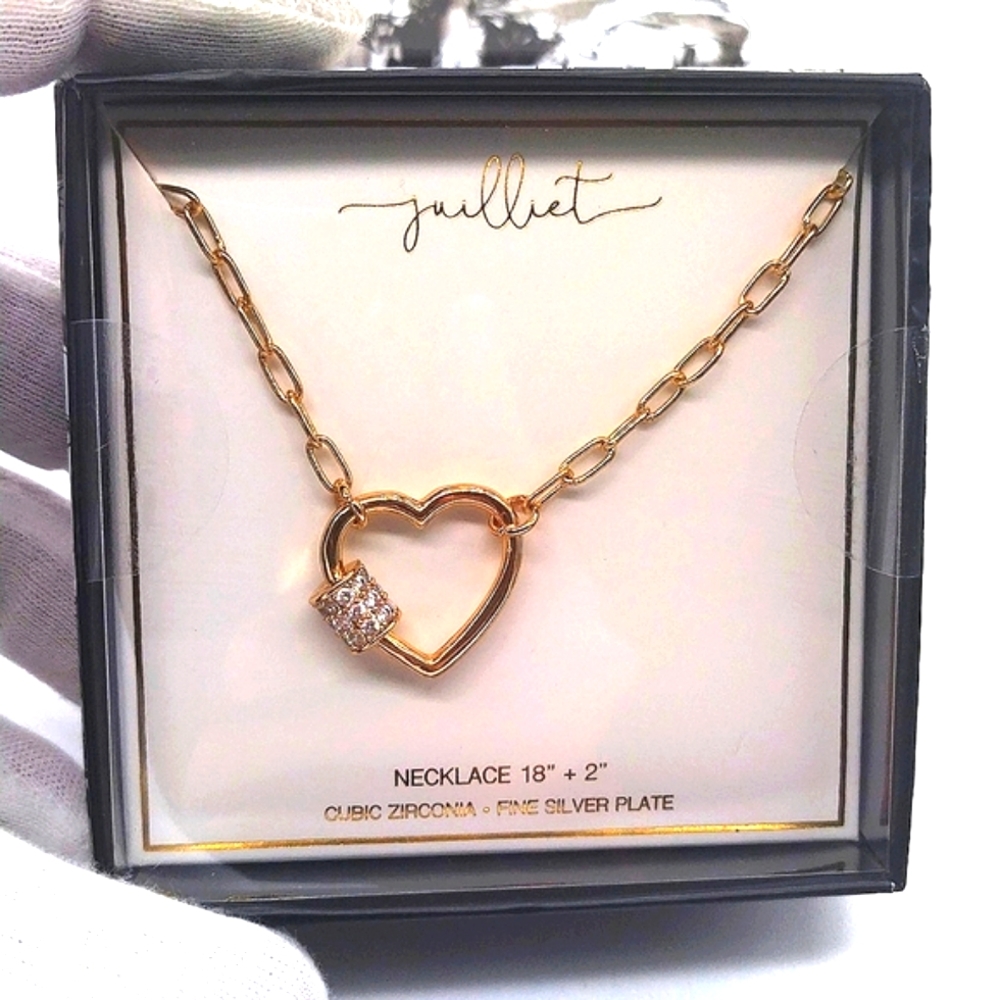 Juilliet Silver Plated CZ Cubic Zirconia Crystal Heart Paperclip Necklace $60